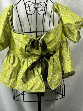 Yellow Floral Puff-Sleeve Peplum Top with Satin Tie